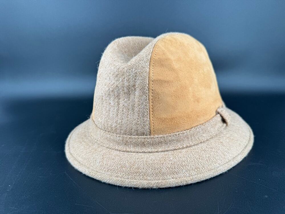 Vintage Botany 500 Fedora Hat Mens XL Suede Leather Tan Beige Union Made USA